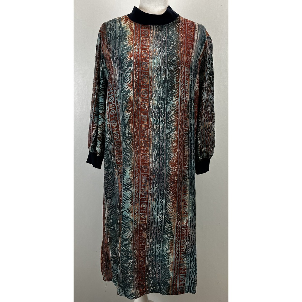 NEW! Go Fish Clothing Dress Large Batik Mock Knit Neck Art To Wear Comfort